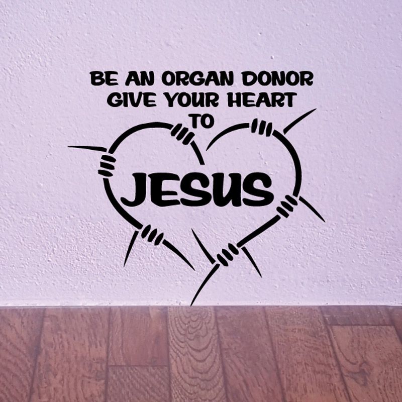 Religious organ donor heart decal with text and 'Jesus' in bold lettering