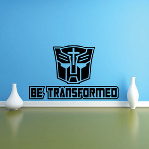 Black and blue Be Transformed wall decal with robot emblem and text.