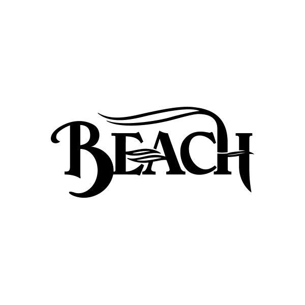 Beach text vinyl decal sticker with black stylized lettering and wave underline