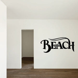 BEACH vinyl wall decal with black stylized lettering and wave underline