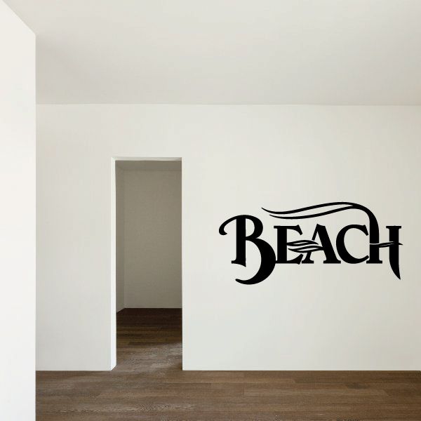 BEACH vinyl wall decal with black stylized lettering and wave underline