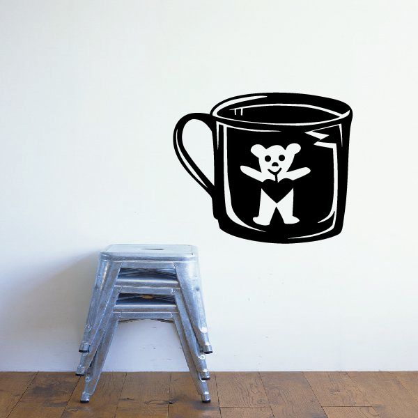 Bear tea cup vinyl wall decal, black mug with white bear graphic