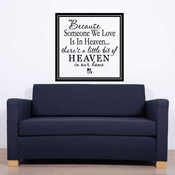Wall decal quote in black script inside black frame, white background, small butterflies