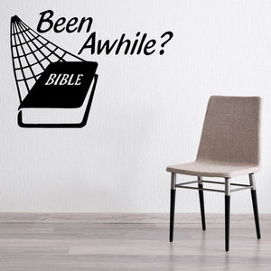 Bible decal: 'Been Awhile?' with open book and grid icon, black