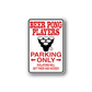 Beer pong players parking sticker with red text and black beer pong cup graphic