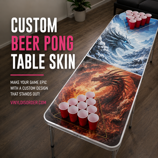 Vinyl beer pong table skin sticker with dragon wave artwork and red cups layout