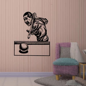 Black pool player decal with man aiming a cue stick behind neck pose