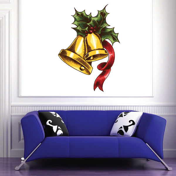 Gold Christmas bell sticker with holly leaves and red ribbon bow decoration