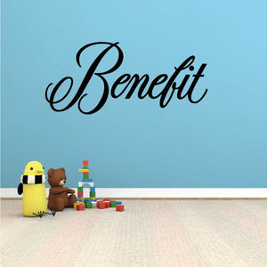 Benefit vinyl wall decal with cursive “Benefit” lettering and small characters