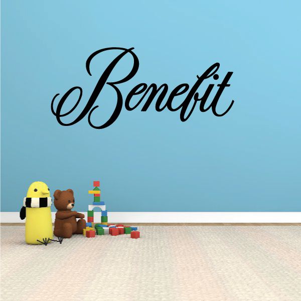 Benefit vinyl wall decal with cursive “Benefit” lettering and small characters