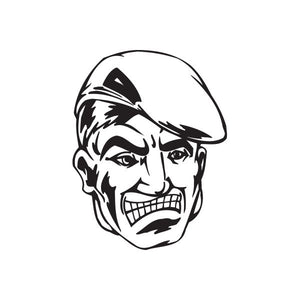 Black-and-white soldier face decal with beret and open-mouthed grin