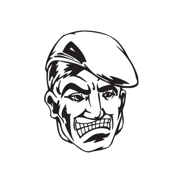 Black-and-white soldier face decal with beret and open-mouthed grin
