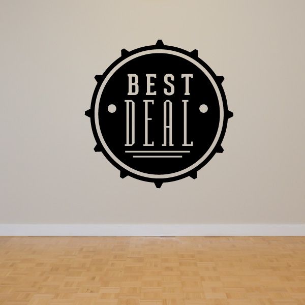 Round vinyl wall decal reading BEST DEAL, black badge design