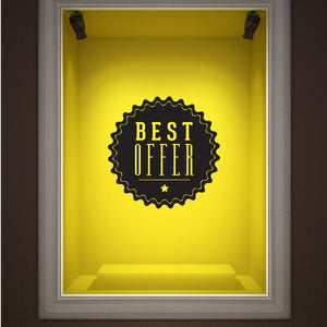 Vinyl wall decal with round badge reading "BEST OFFER" in yellow lettering