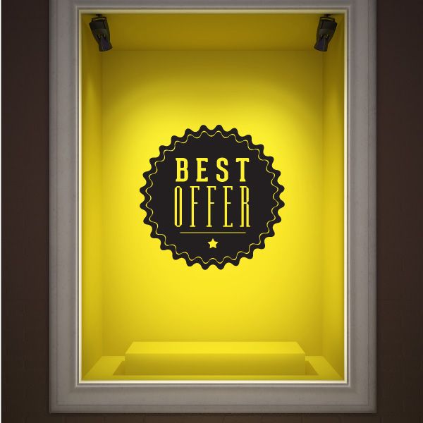 Vinyl wall decal with round badge reading "BEST OFFER" in yellow lettering