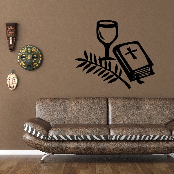 Bible and olive branch wall decal with chalice, open book with cross, olive leaves