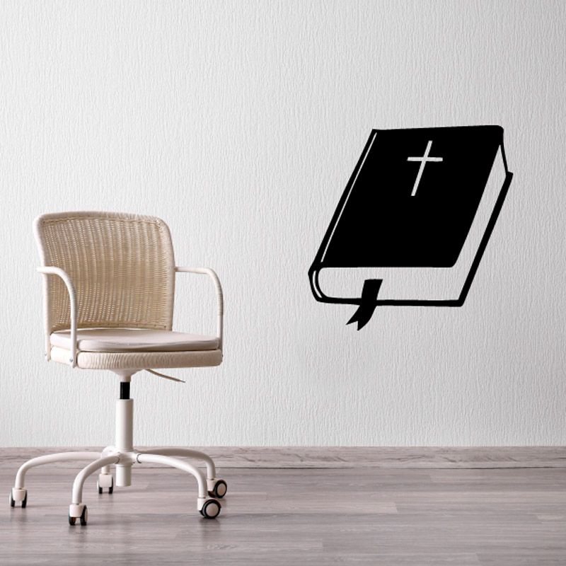 Black bible book decal with white cross symbol and outline border