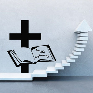 Vinyl wall decal of black cross and open Bible with "In the beginnings" text