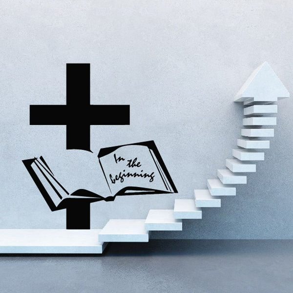 Vinyl wall decal of black cross and open Bible with "In the beginnings" text