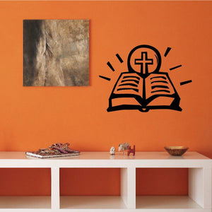 Open bible wall decal with cross icon, black outline design