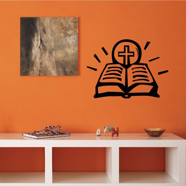 Open bible wall decal with cross icon, black outline design