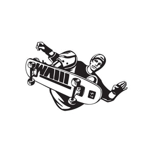 Skateboarding decal of a black-and-white skateboard with a rider in the air