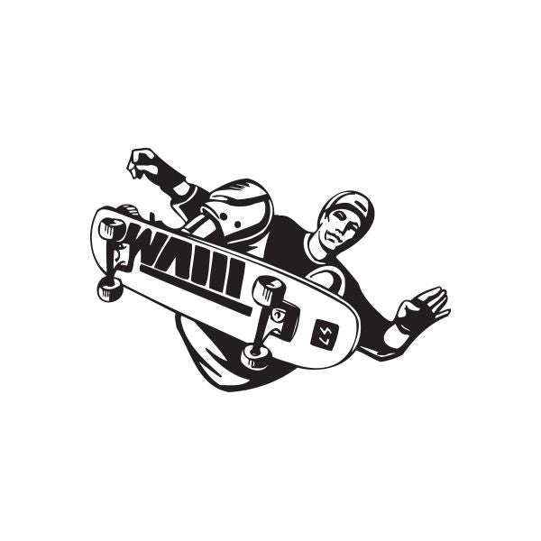 Skateboarding decal of a black-and-white skateboard with a rider in the air