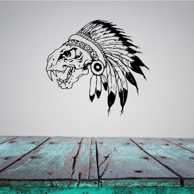 Big cat skull headdress decal with black-and-white feather design