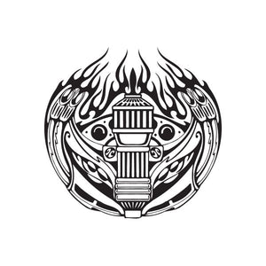 Motorcycle moto flames decal with black and white circular engine graphic