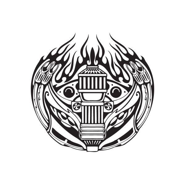 Motorcycle moto flames decal with black and white circular engine graphic