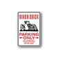 Parking only sticker with motorcycle graphic and red warning text