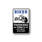 Rectangular biker parking only sticker with motorcycle graphic and blue text