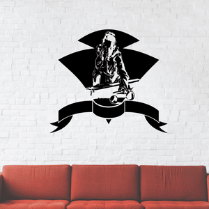 Billiards player framing banner decal, black and white silhouette holding a cue