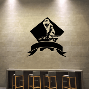 Billiards ribbon decal with black diamond frame and white player illustration, banner ends
