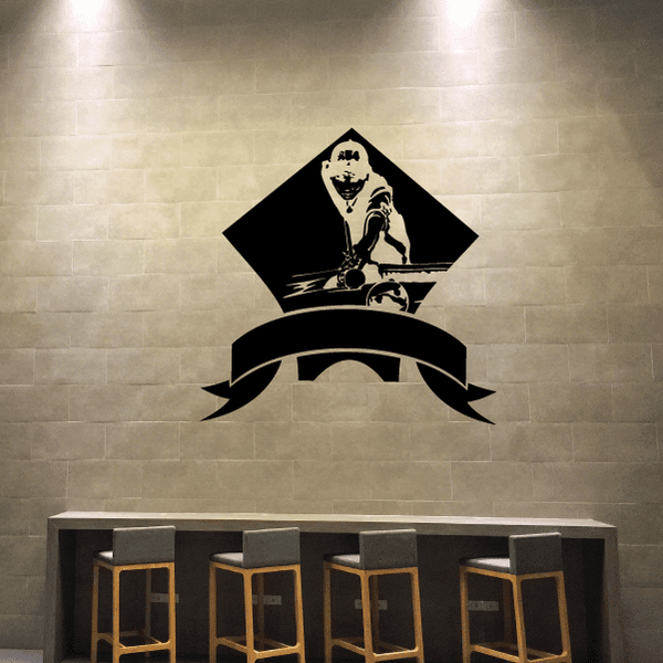 Billiards ribbon decal with black diamond frame and white player illustration, banner ends