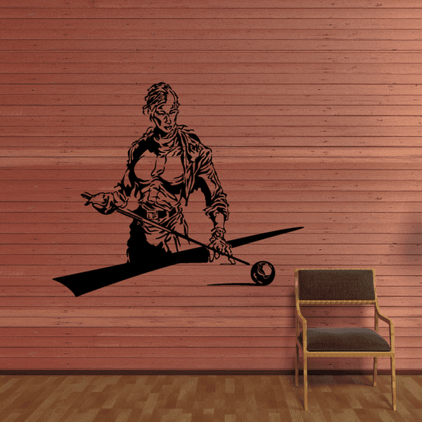 Black billiards player wall decal, poised with cue stick and ball.