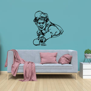 Billiards player expression wall decal, black line art of boy gripping a cue