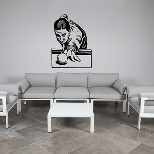 Billiards cue ball aiming player wall decal, black and white line art