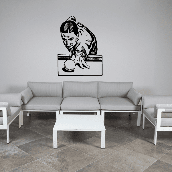 Billiards cue ball aiming player wall decal, black and white line art