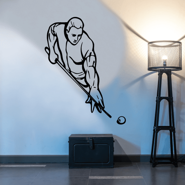 Billiards leaning angle player decal with cue, black silhouette on wall