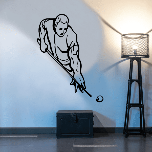Billiards leaning angle player decal with cue, black silhouette on wall