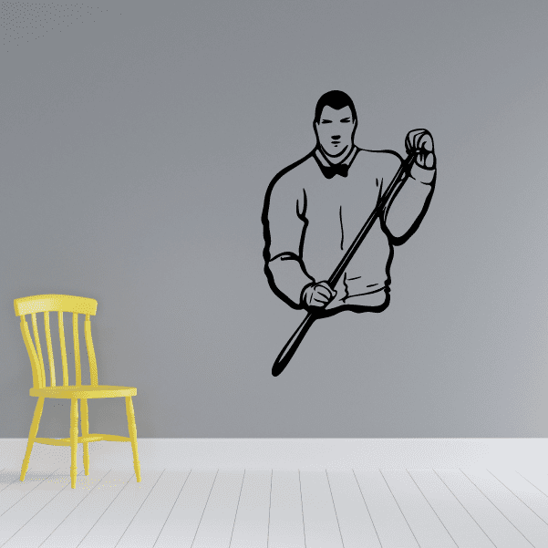Billiards cue stick decal of a man holding a cue stick with chalk rub