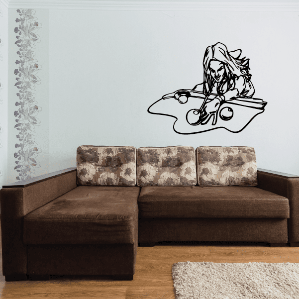 Black line-art billiards player wall decal: woman aiming with a cue, oval rack