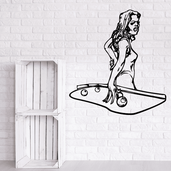 Billiards woman striking ball decal with cue and outlined figure, black-and-white line art