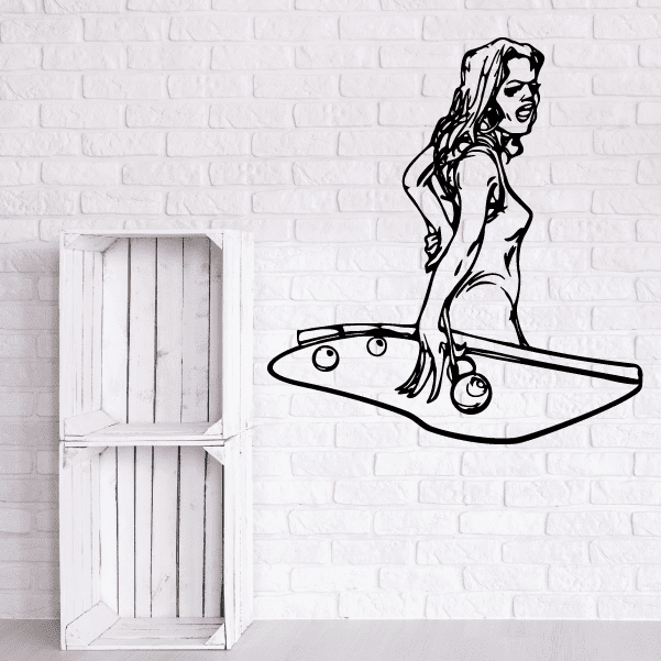 Billiards woman striking ball decal with cue and outlined figure, black-and-white line art