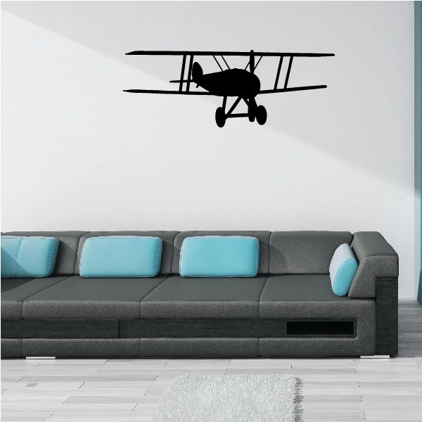 Black biplane wall decal with side view silhouette and wings