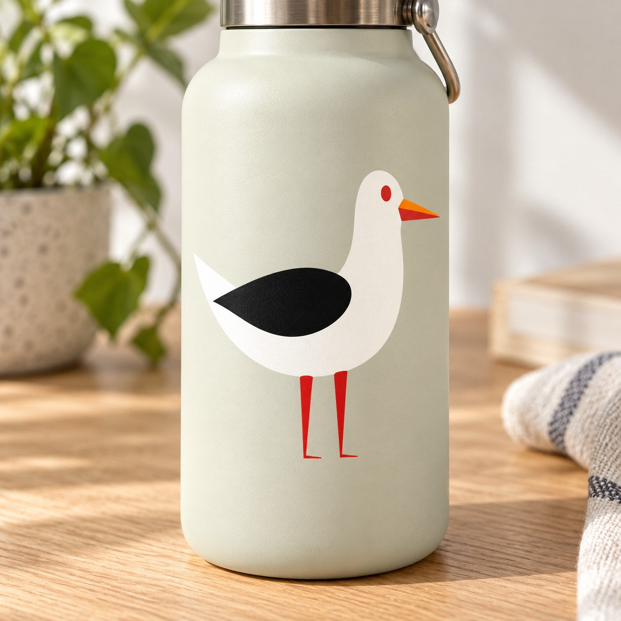 Seagull bird illustration sticker with orange beak and red legs on a white decal