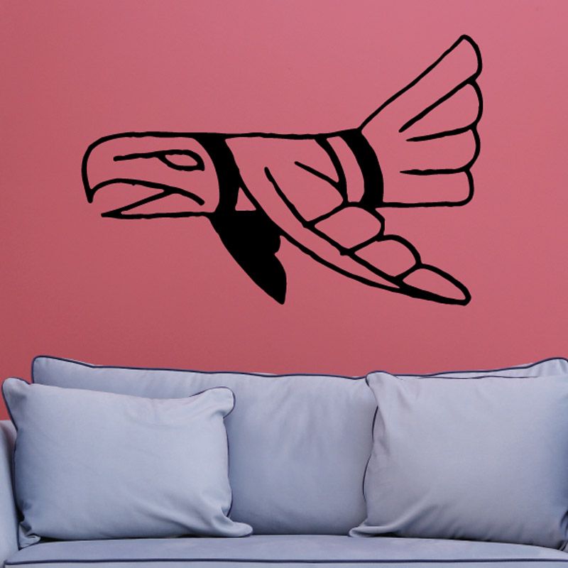 Flying bird symbol wall decal, black outline with filled wing details