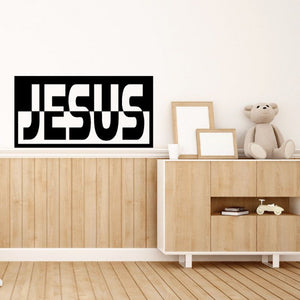 Black and white Jesus wall decal with bold white JESUS lettering on a black rectangle