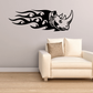 Rhino head wall decal with black flame accents, horned profile and bold flames